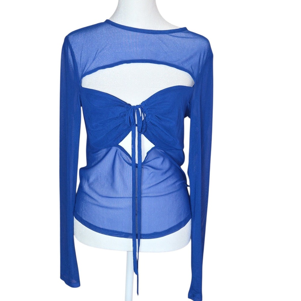 Topshop Womens Cobalt Blue Sheer Mesh Cutout Tie Front Top Size M NEW Y2K Party‎
